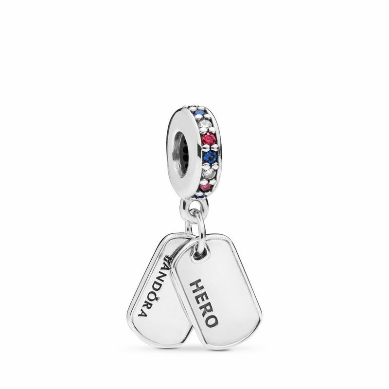 Pandora Hero Dog Tag Dangle Charm - Sterling Silver/Blue/Mixed Stones - Canada | QV2923PL